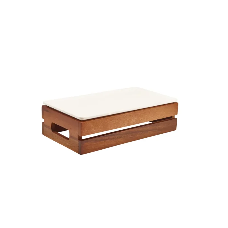 White platter on top of Acacia Wood Low Box - Riser GN 1-3