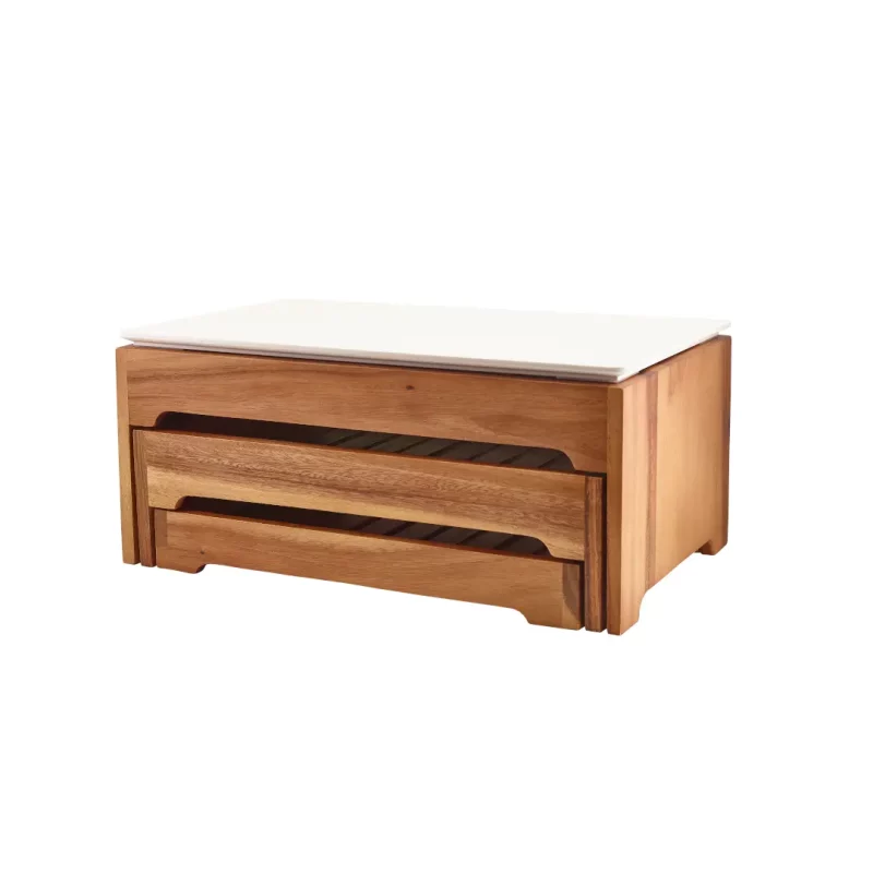 White tray on top of 3 tier display stand