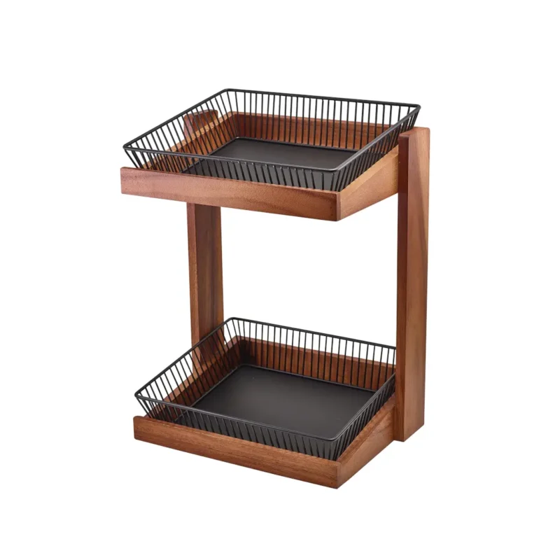 2 Black Wire Display Baskets on a wooden buffet stand